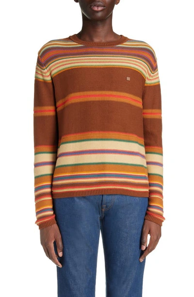 Acne Studios Face Patch Stripe Organic Cotton Crewneck Sweater In Brown