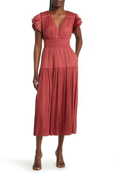 Moon River Plissé Midi Dress In Marsala