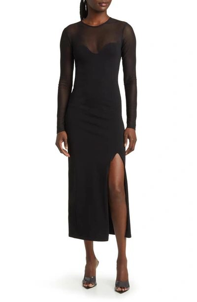 Moon River Illusion Lace Long Sleeve Midi Dress In Black