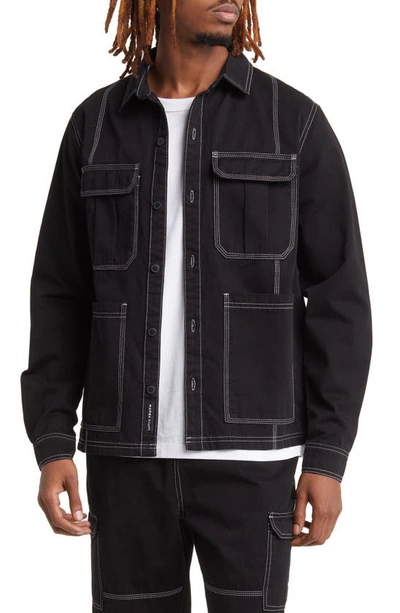 Native Youth Contrast Topstitch Twill Overshirt In Black