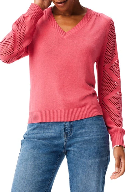 Nic + Zoe Getaway Open Stitch Sleeve Cotton Blend Sweater In Grenadine