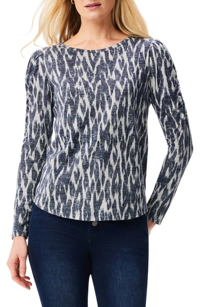 Nzt By Nic+zoe Ikat Ruched Sleeve Top In Indigo Multi