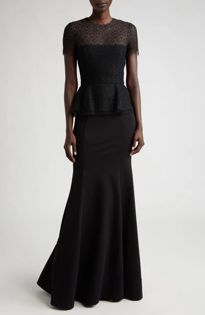 Jason Wu Collection Mixed Media Embroidered Lace Peplum Gown In Black