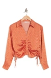 Lush Ruched Satin Button-up Shirt In Orange Brown White Dot