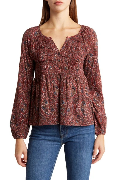 Lucky Brand Paisley Smocked Long Sleeve Top In Red Multi