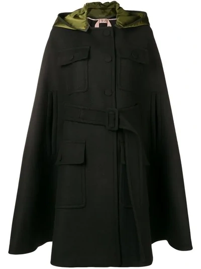 N°21 Hooded Cape Coat In Black