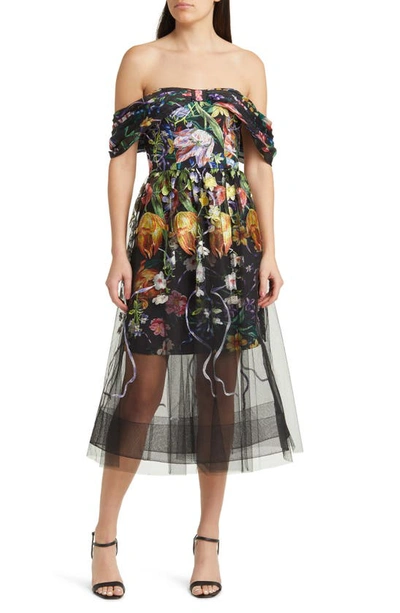 Marchesa Notte Embroidered Floral Off The Shoulder Midi Dress In Black Multi