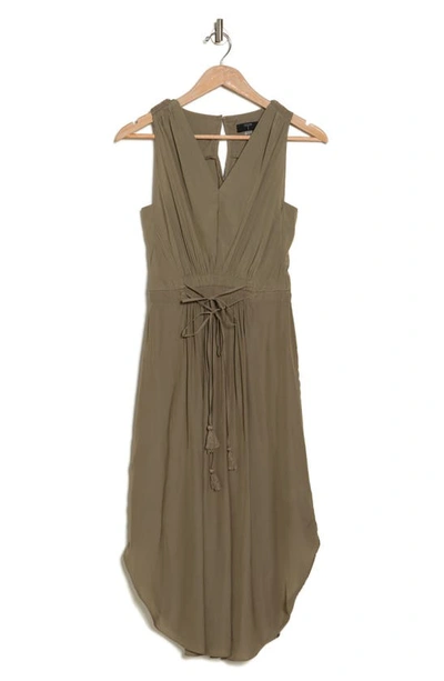 T Tahari V-neck Sleeveless Drawstring Waist Midi Dress In Olive