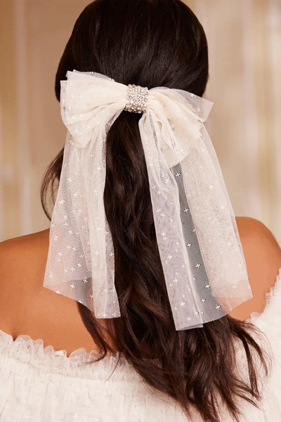 Needle & Thread Short Tulle Hair Bow In White