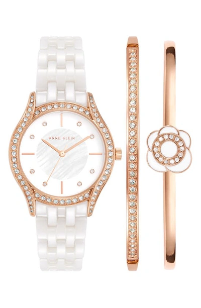 Anne Klein Crystal Embellished Three-hand Quartz Ceramic Bracelet Watch & Bracelet Set In Rose Gold