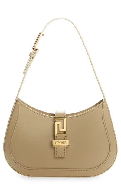 Versace Small Greca Leather Hobo Bag In Sand/  Gold