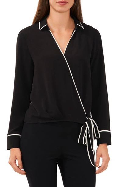 Halogen Contrast Piping Faux Wrap Top In Rich Black