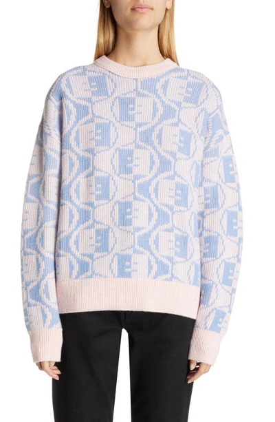 Acne Studios Katch Face Logo Two-tone Wool & Cotton Sweater In Faded Pink Melange & Light Blue