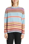 Acne Studios Kenzil Face Patch Stripe Cotton Sweater In Dusty Blue/ Multi
