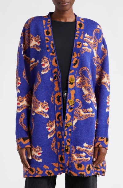 Farm Rio Leopards Jacquard Cardigan In Leopards Navy Blue