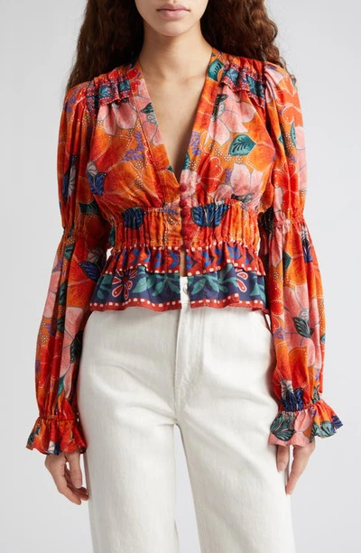 Farm Rio Marias Floral Plunge Neck Peplum Top In Orange