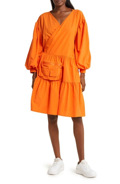 Kkco Puff Sleeve Wrap Dress In Orange
