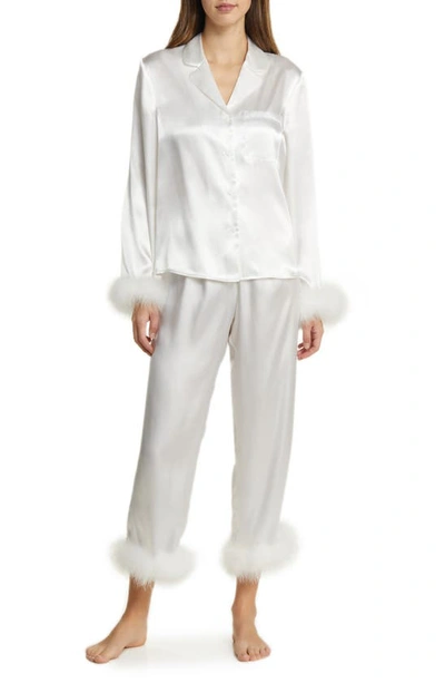 In Bloom By Jonquil Feather Trim Satin Pajamas In Ivory