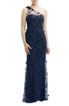 Dessy Collection One-shoulder Fit And Flare 3d Floral Embroidered Dress In Blue
