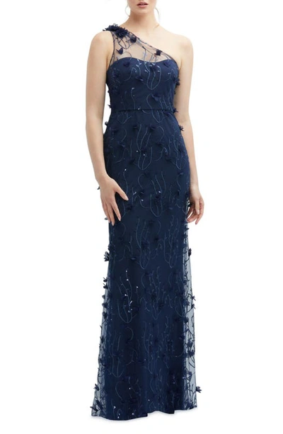 Dessy Collection One-shoulder Fit And Flare 3d Floral Embroidered Dress In Blue