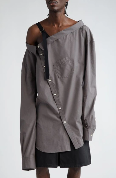 Takahiromiyashita The Soloist Asymmetric One-shoulder Cotton & Silk Button-up Shirt With Removable Collar In Gray