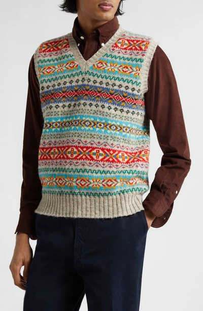 Drake's Fair Isle Wool Jumper Waistcoat In Red Multi