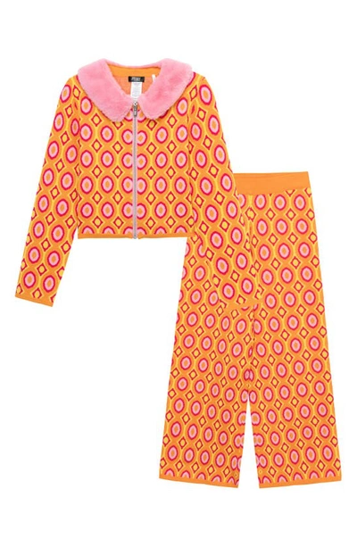 Truce Kids Geo Jacquard Faux-fur Collar Jacket & Wide Leg Pants Set In Print