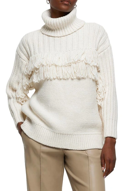 River Island Fringe Turtleneck Sweater In Cream