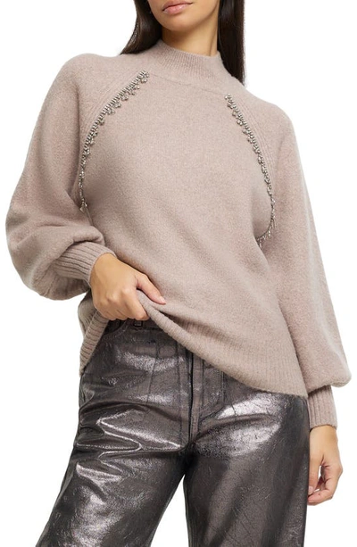 River Island Diamanté Fringe Mock Neck Sweater In Pink