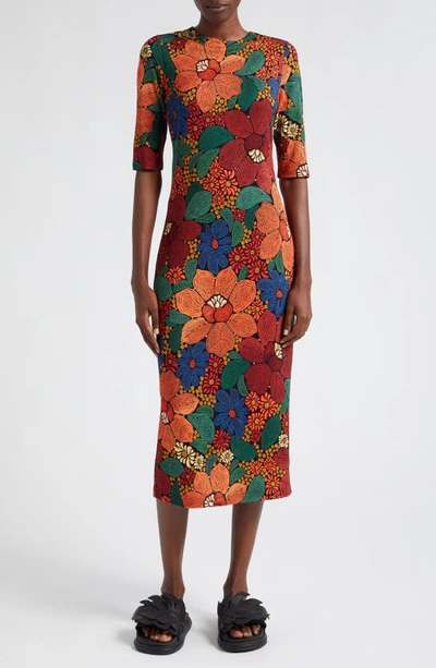 Farm Rio Stitched Flowers Print Midi Dress In Multicolor