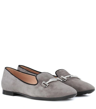 Tod's Double T Suede Loafers In Grey