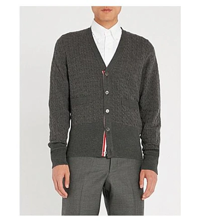 Thom Browne Cable-knit Wool And Cotton-blend Cardigan In Med Grey