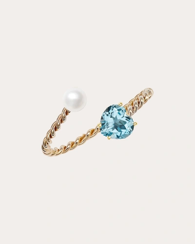 Poppy Finch Women's Blue Topaz & Pearl Open Twist Heart Ring