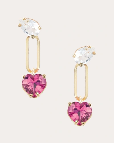 Poppy Finch Women's Pink Topaz Slanted Link Heart Drop Earrings