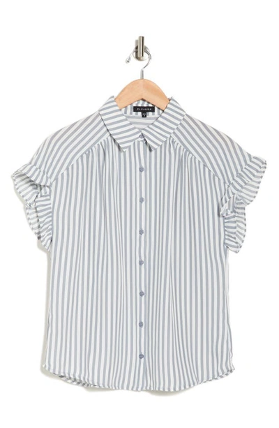 Pleione Stripe Ruffle Short Sleeve Button-up Shirt In Gray/ Ivory Stripe