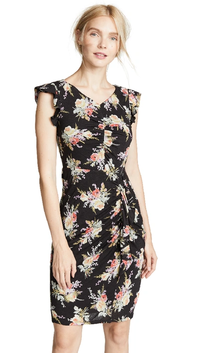 Rebecca Taylor Ruched Sleeveless Floral-print Ruffle Dress In Black Combo
