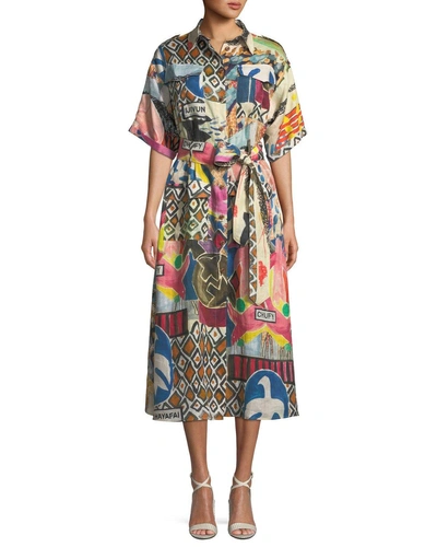 Chufy Wild-print Short-sleeve Button-front Linen Safari Dress In Multi Pattern