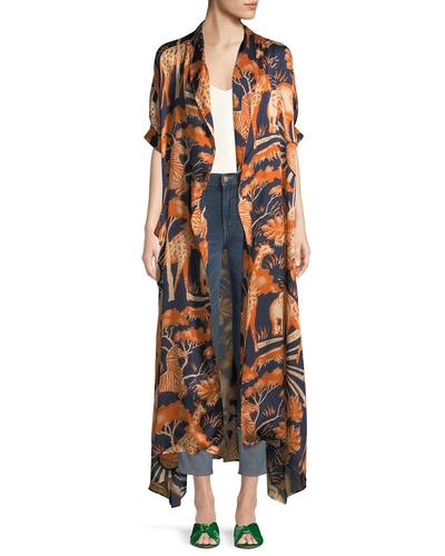 Chufy Short-sleeve Animal-print Long Silk Kimono Robe In Blue/gold