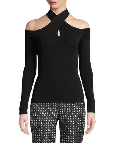 Theory Mock-neck Crossover Long-sleeve Sweater In Black