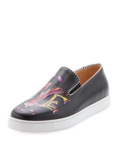 Christian Louboutin Men's Love Graphic Leather Slip-on Sneakers In Black Pattern