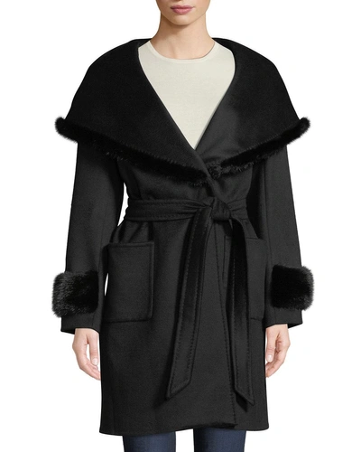 Cinzia Rocca Mink-trim Wool-cashmere Wrap Coat In Black