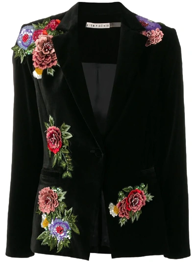 Alice And Olivia Hix Floral-embroidered Velvet One-button Blazer In Black