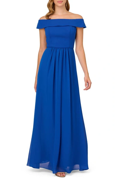 Adrianna Papell Off The Shoulder Crepe Chiffon Gown In Violet Cobalt