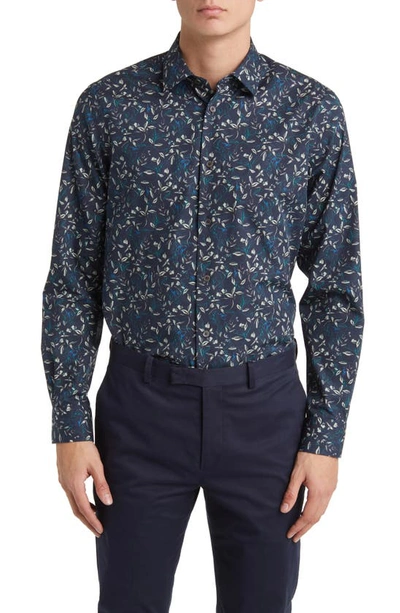 Paul Smith Tailored Fit Vine Print Dress Shirt In Navy