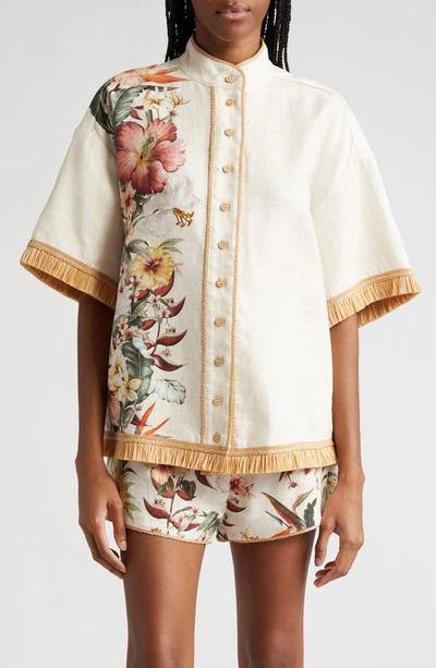 Zimmermann Lexi Tropical Floral Raffia Trim Button-up Shirt In Ivory