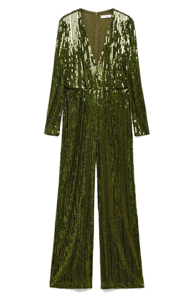 Mango Long Sleeve Sequin Jumpsuit In Green