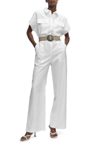 Mango Belted Wide Leg Jumpsuit In White
