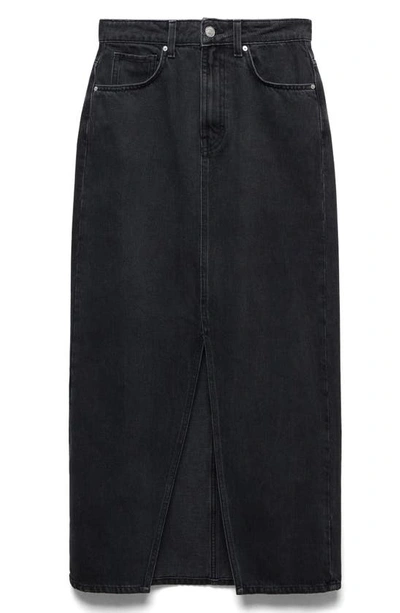 Mango Front Slit Denim Midi Skirt In Black Denim