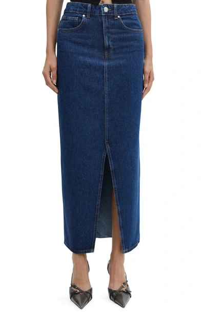 Mango Front Slit Denim Midi Skirt In Dark Blue