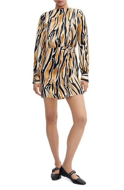 Mango Abstract Print Long Sleeve Satin Minidress In Caramel